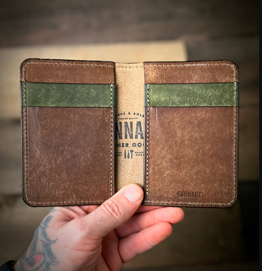 “Handmade two-tone leather vertical wallet with six pockets by Gunnar & Co.”