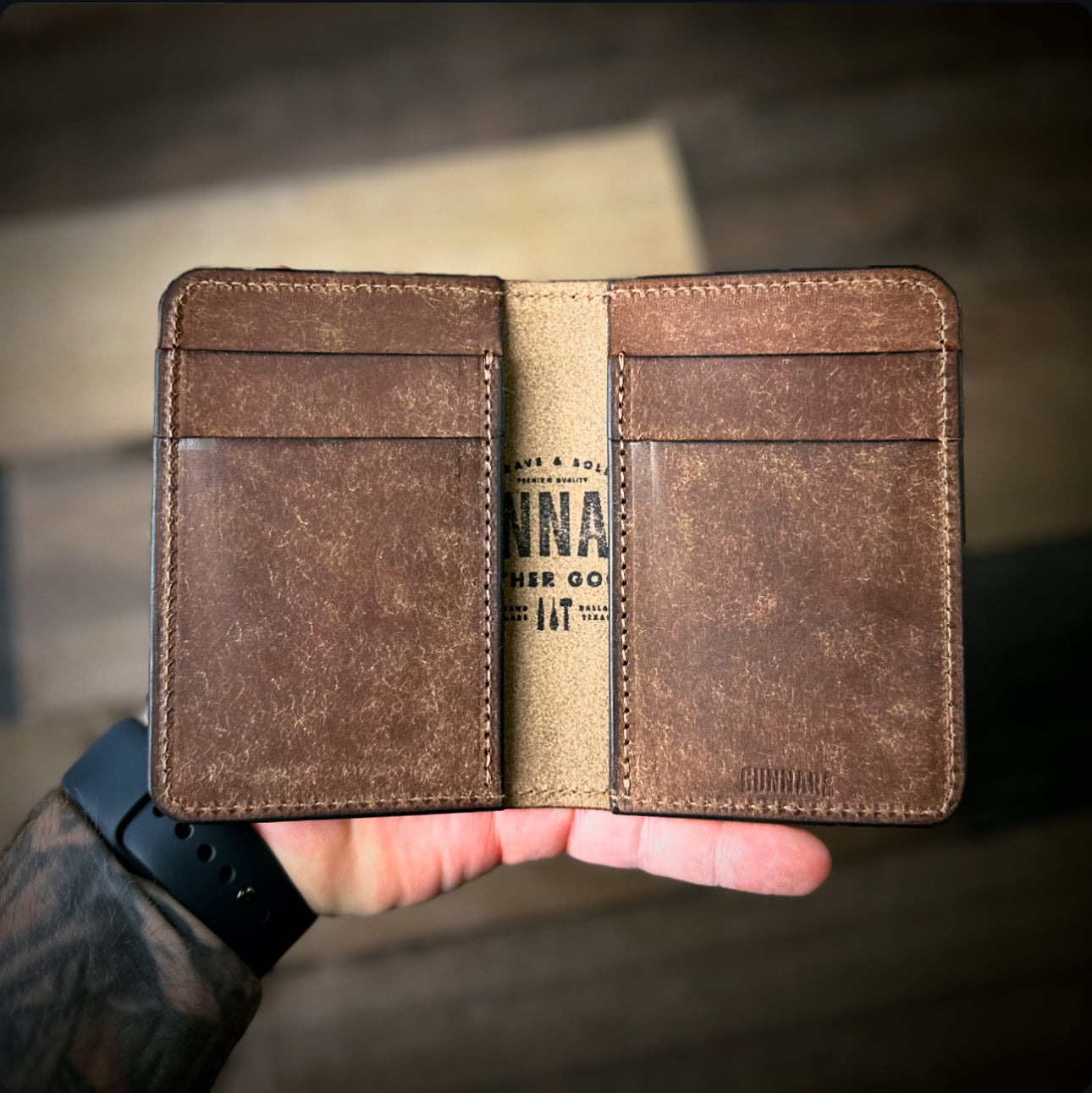 Walnut Pueblo leather wallet – full grain vertical bifold handmade in Texas by Gunnar & Co.