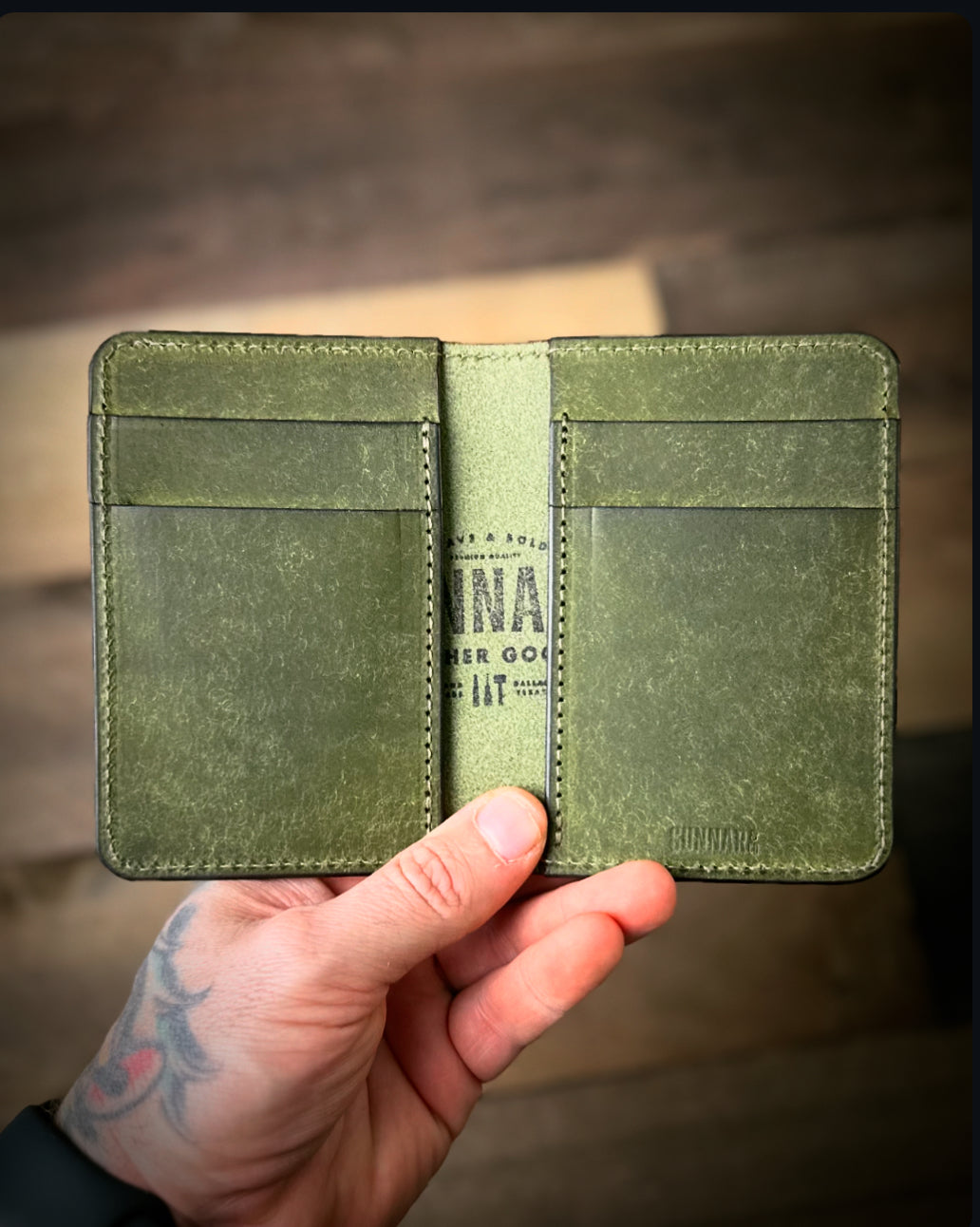 The Frank wallet by Gunnar & Co in Olive Pueblo leather – handcrafted vertical bifold wallet.