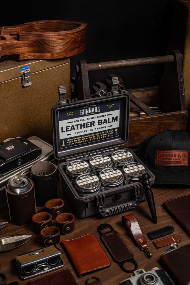 Leather Balm tin from Gunnar & Co. — handmade in Texas for full grain leather care.