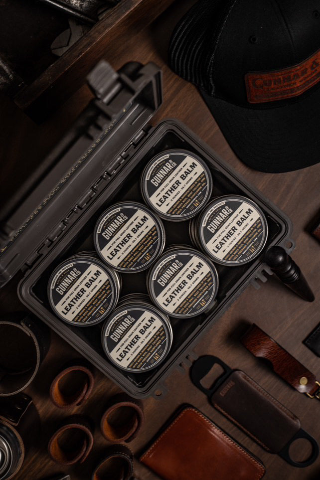 Leather Balm for conditioning and protecting wallets, belts, and boots.