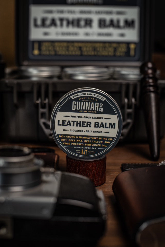Handcrafted Leather Balm for leather care and maintenance — made in Dallas, Texas.