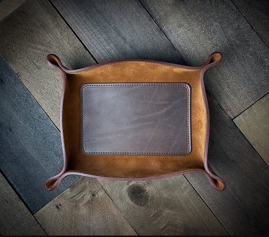 Premium full grain leather valet tray with suede inlay. Handmade in Texas by Gunnar & Co.