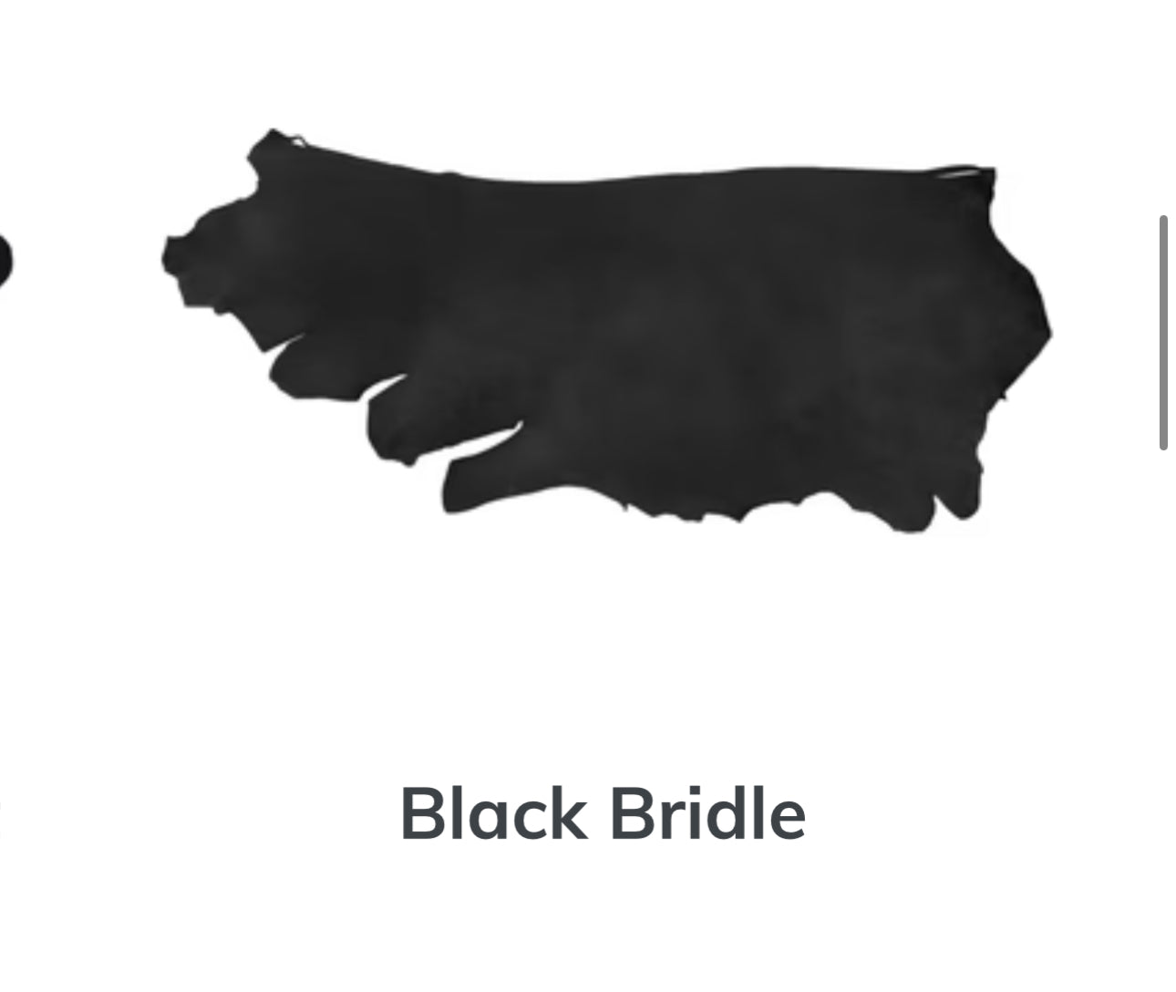 Silhouette of a full hide of black bridle leather with a rich, deep black color and subtle sheen. Displayed on a white background.